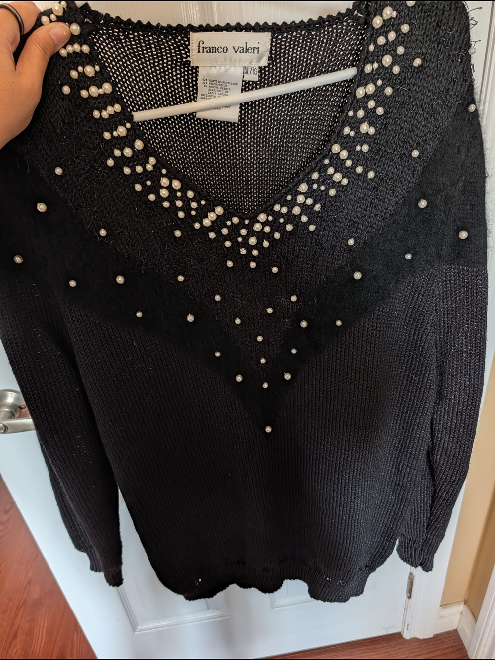 Franco Valeri Black Pearl-Accent V-Neck Sweater